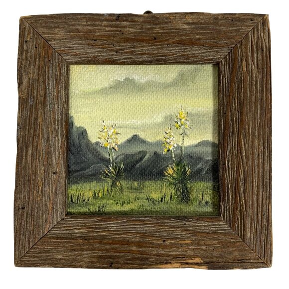 Mini Rustic Wooden Framed Oil Painting GOLDEN YUCCA By G. Malek 3.25" Wall Art - Picture 1 of 2